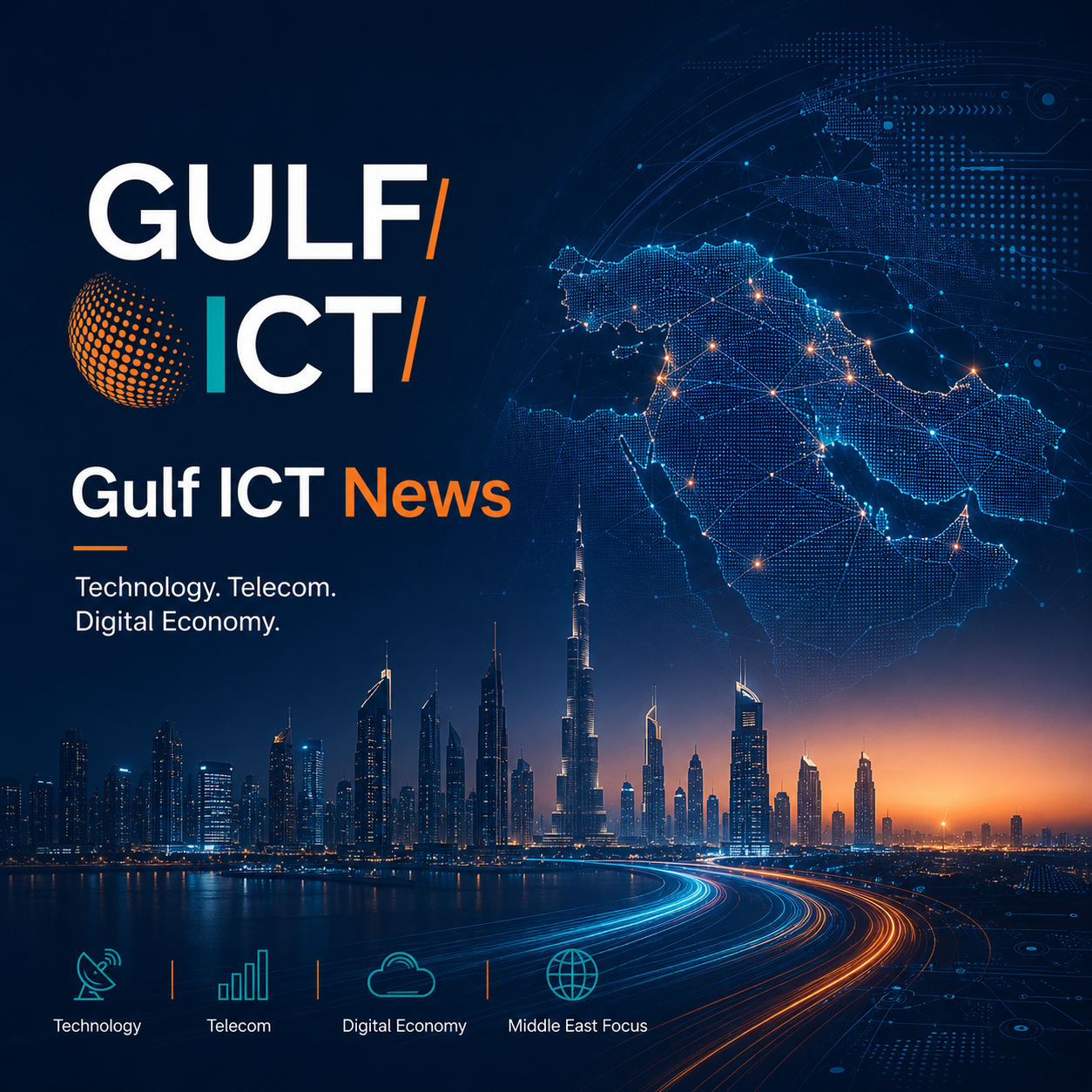 Gulf ICT News cover with a digital map of the Middle East, a futuristic city skyline at sunset, and icons representing technology, telecom, digital economy, and Middle East focus.