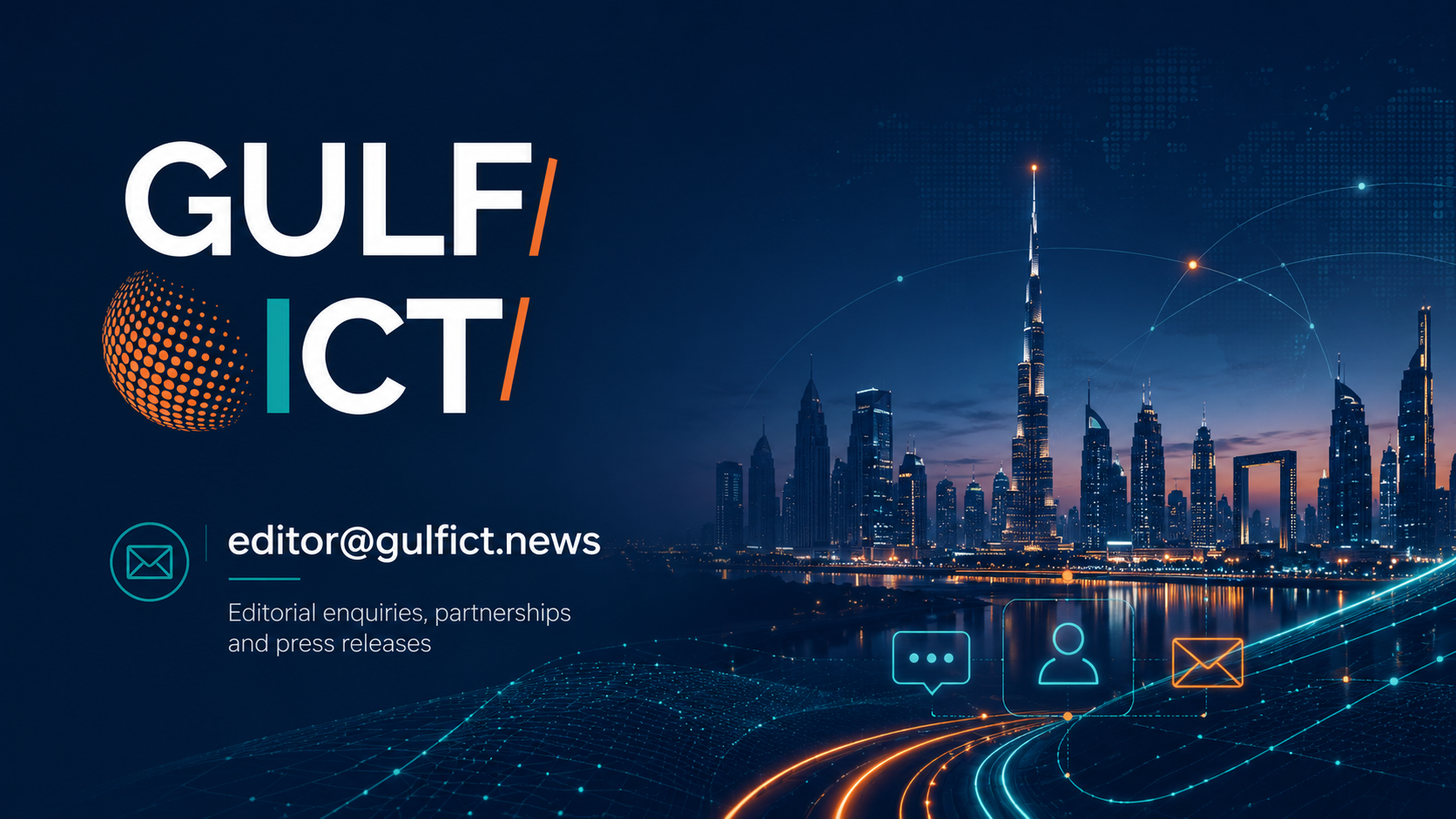 A digital graphic design featuring a city skyline at dusk with illuminated skyscrapers and the Burj Khalifa, overlaid with network lines and icons representing communication and connectivity. The text reads 'Gulf ICT' with an email address for submissions and a brief note on editorial inquiries.