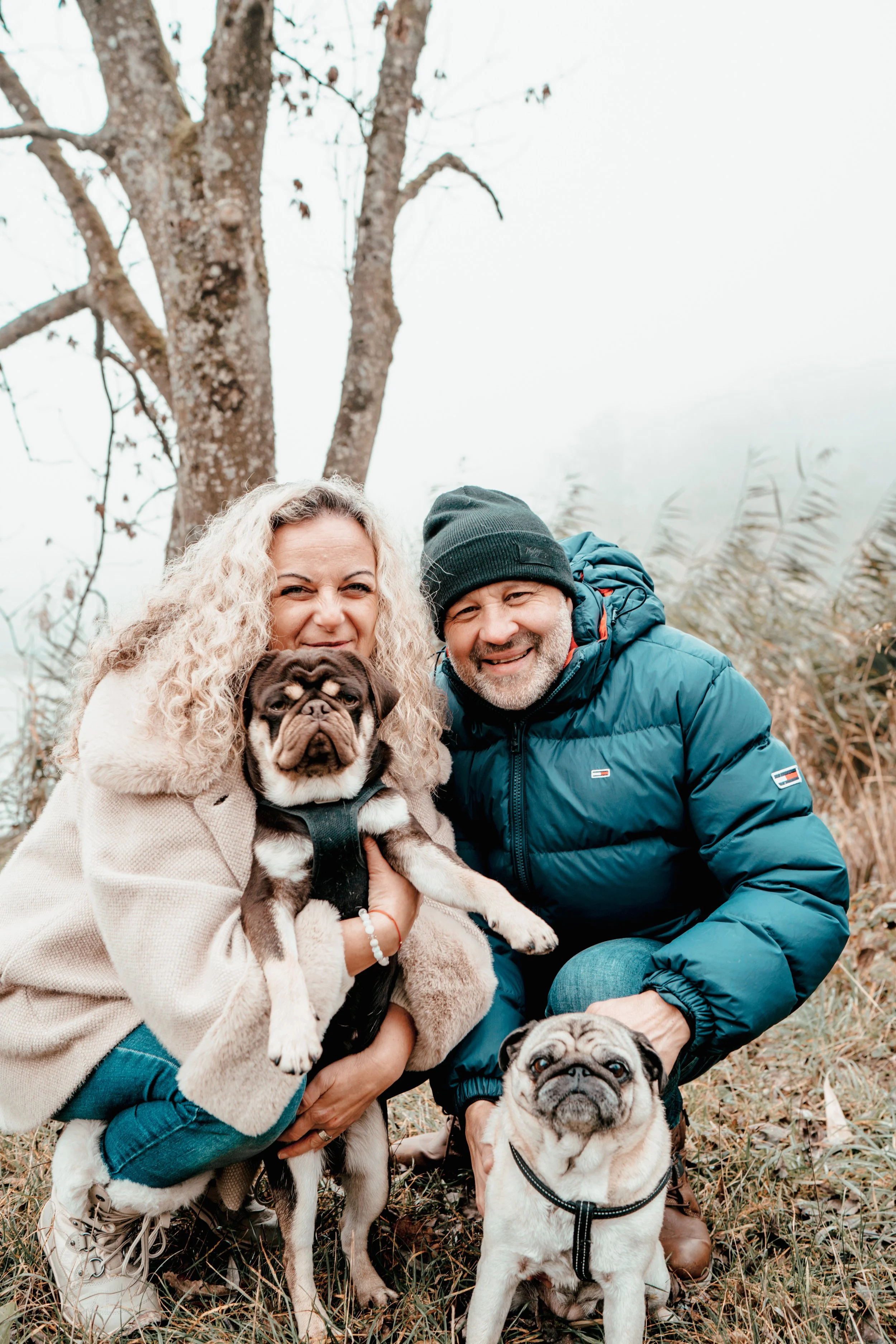 Ein glückliches Paar mit zwei Pug-Hunden im Freien vor einem Baum