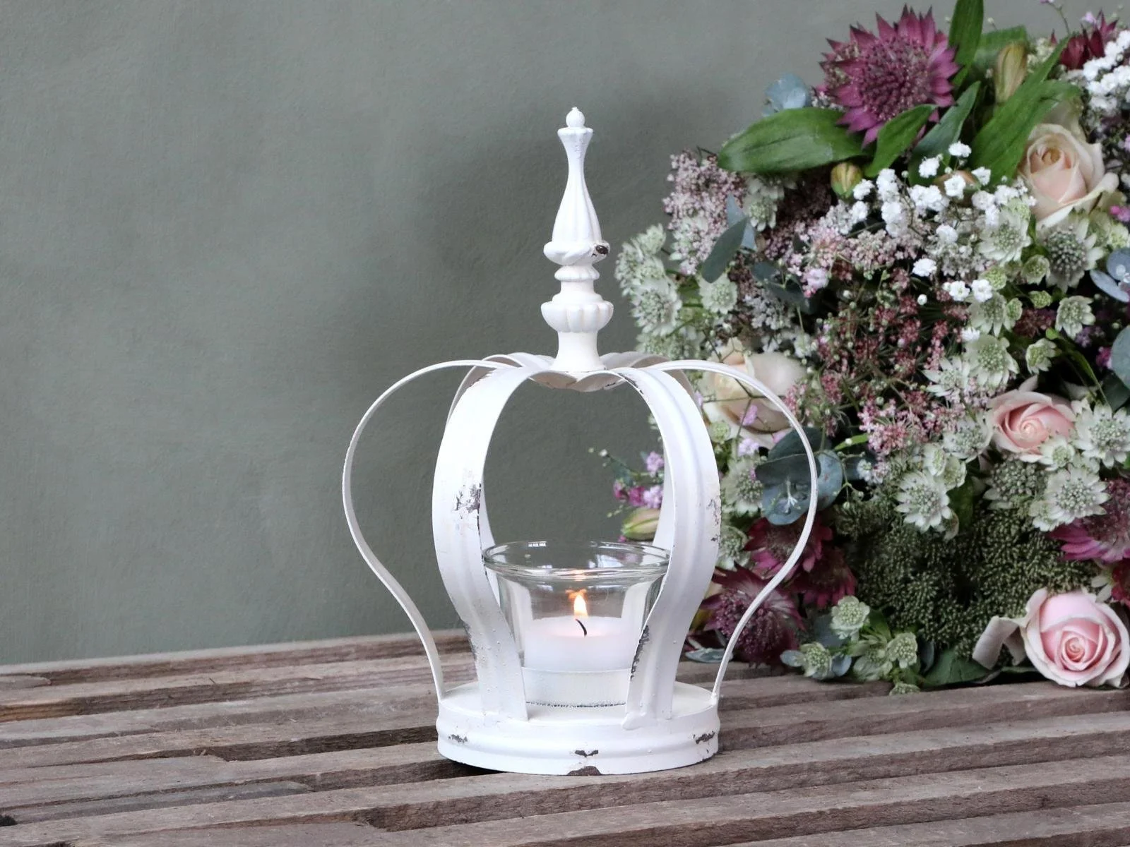 Deko-Krone mit Teelichthalter – Vintage Weiss