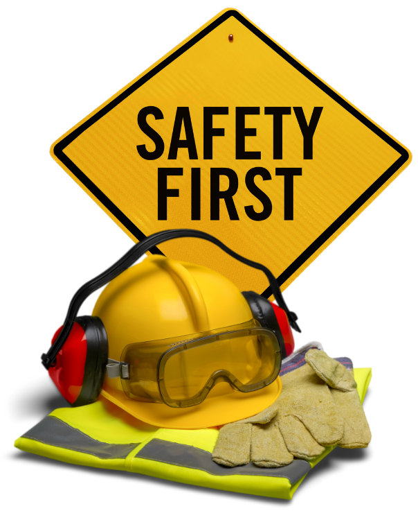 Yellow "Safety First" sign behind safety gear: hard hat, goggles, gloves, earmuffs, and vest, emphasizing workplace safety and caution.
