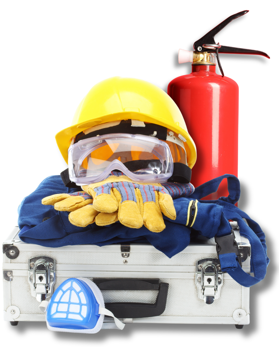 Safety equipment including a yellow hard hat, goggles, gloves, and a red fire extinguisher on a metal case. A respirator mask is also visible.