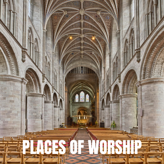 Interior of a grand cathedral with intricate vaulted ceilings and tall arches. Rows of wooden pews lead to an ornate altar; text reads "Places of Worship."