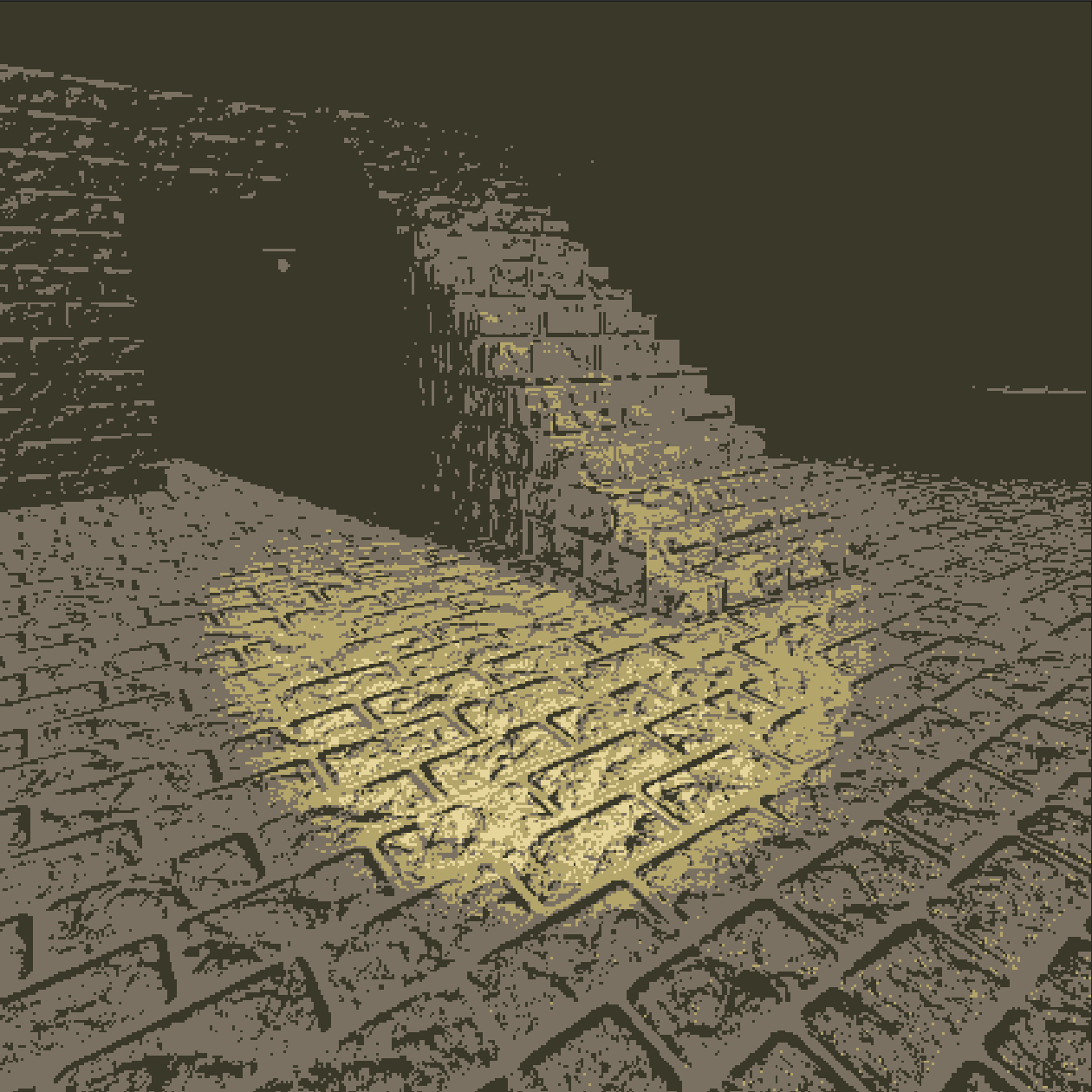 A close-up view of a brick staircase made in a game engine with a small brick wall on the side, placed on a textured stone floor.