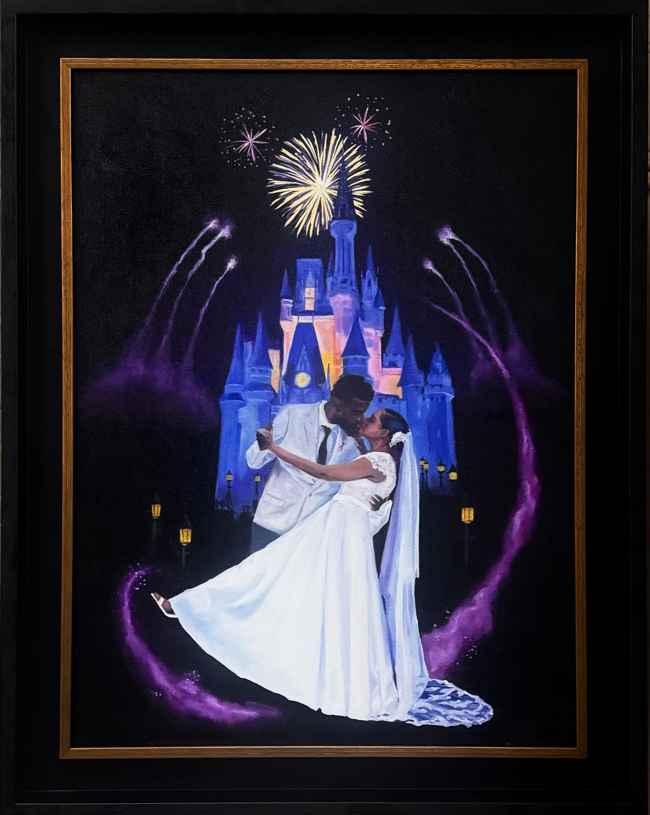 Husband and Wife kissing in front of a fantasy castle