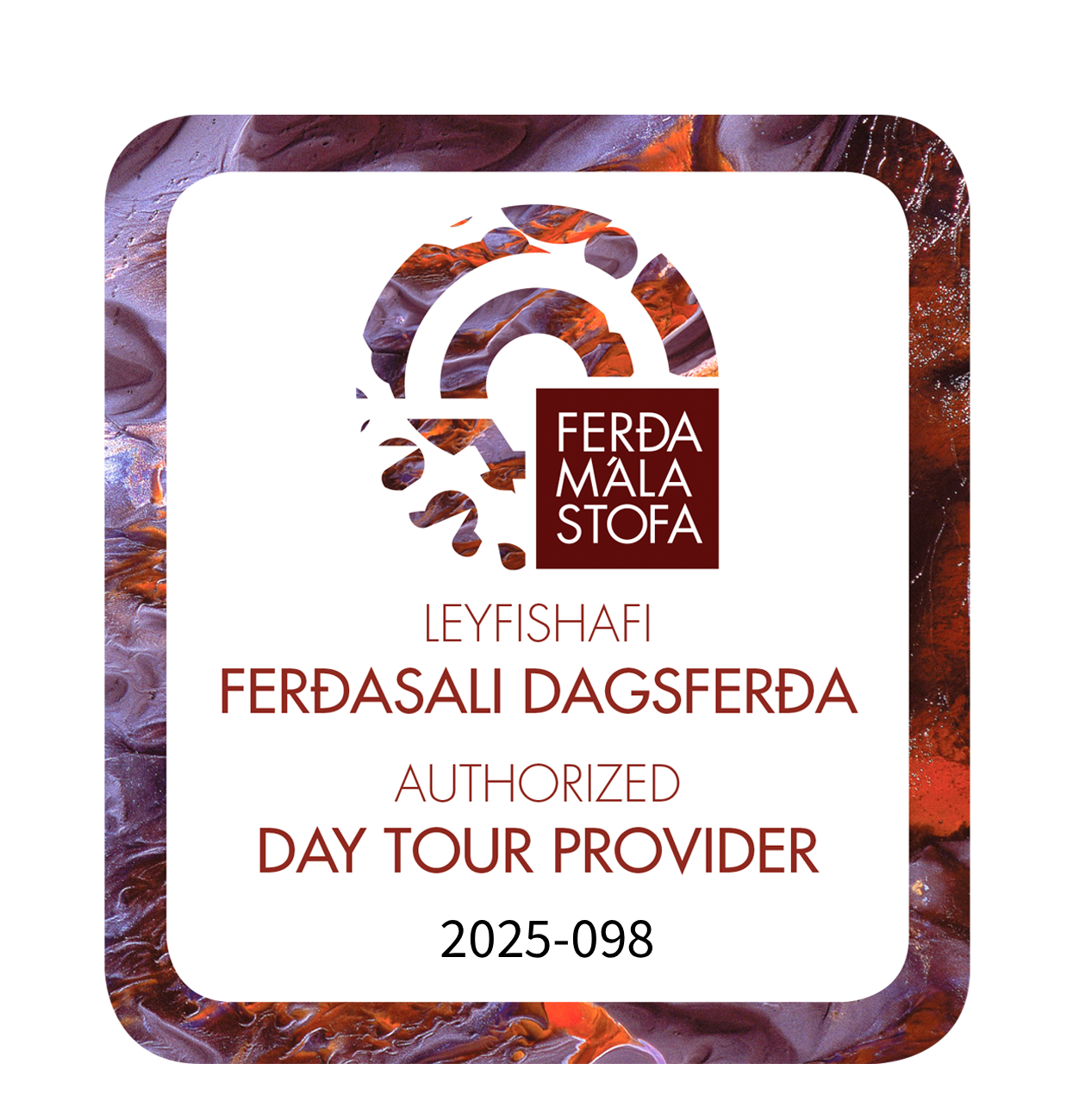 A badge with the logo and name of Ferda Mala Stofa, featuring an abstract design in shades of red, purple, and orange. Text on the badge indicates it is for an authorized day tour provider, with the number 2025-098.