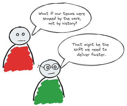 Cartoon of two figures, one red and one green, having a conversation about team work and history.
