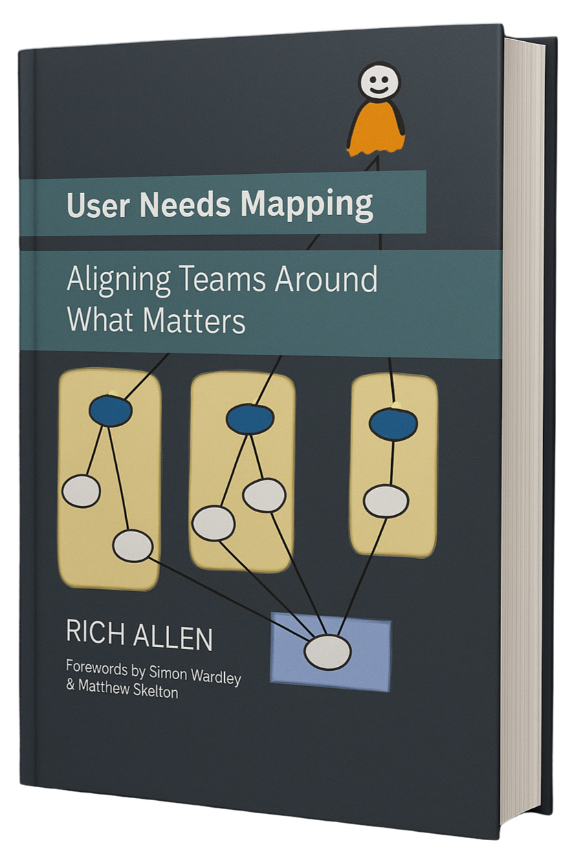 Book titled 'User Needs Mapping: Aligning Teams Around What Matters' by Rich Allen with a cartoon character on the cover.