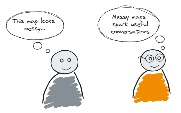 A cartoon illustration of two characters with speech bubbles. The character on the left says, 'This map looks messy...'. The character on the right  thinks, 'Messy maps spark useful conversations.'