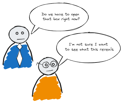 A cartoon of two characters, one asking if they should open a box and the other unsure about seeing what's inside.