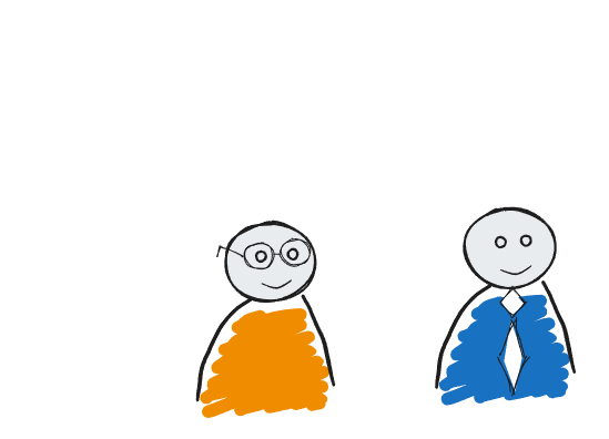 Two cartoon figures, one with glasses and an orange shirt, and the other in a blue suit with a tie, each with thought bubbles. The first says, 'We keep talking about accept', and the second says, 'When what we really need is clarity of outcome.'