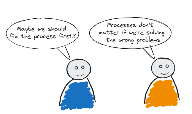 Two cartoon figures discussing fixing the process