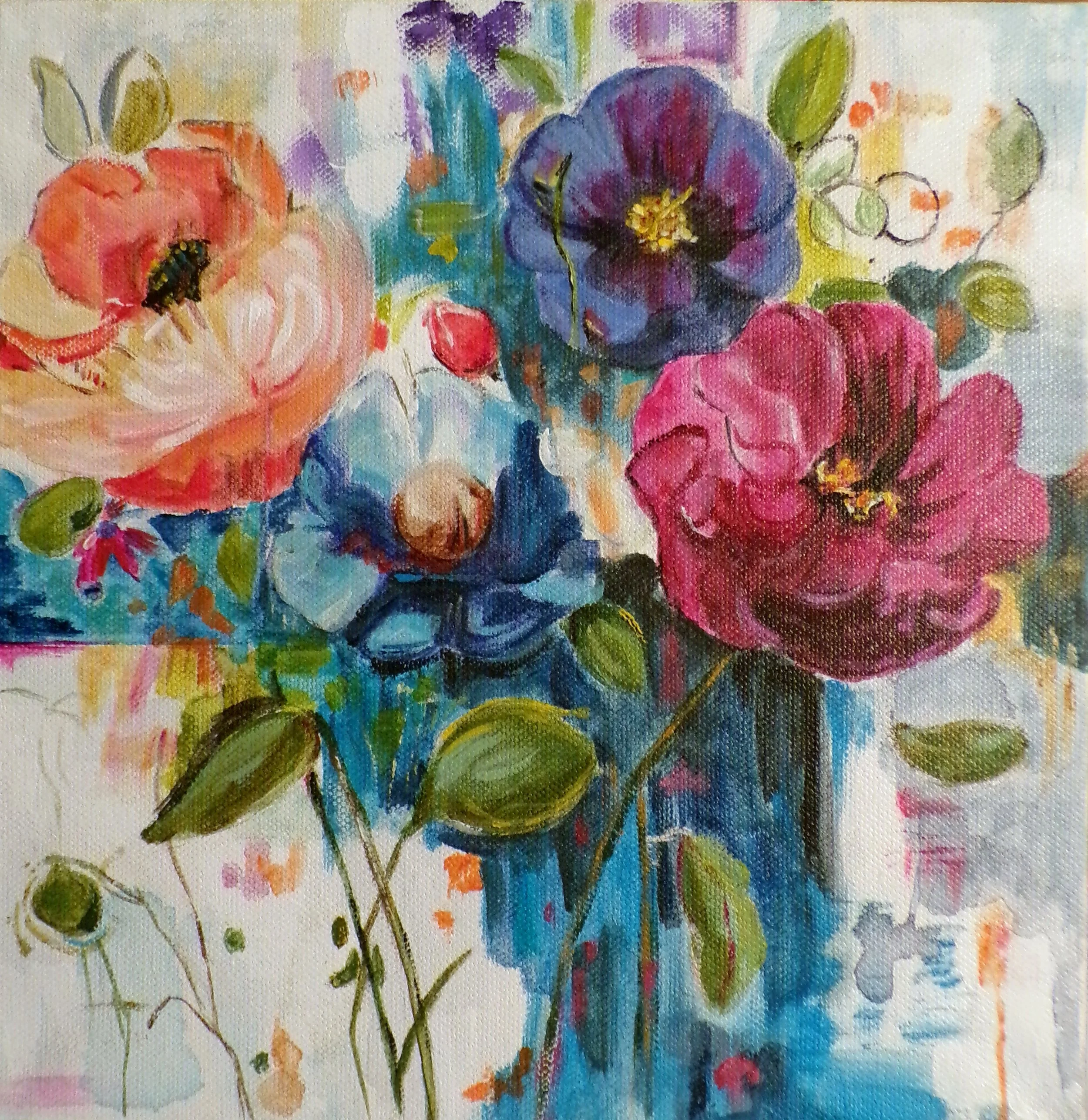 Expressive abstract floral painting with blush coral, violet, turquoise, and magenta tones, layered acrylic and ink textures titled Resilient Joy.