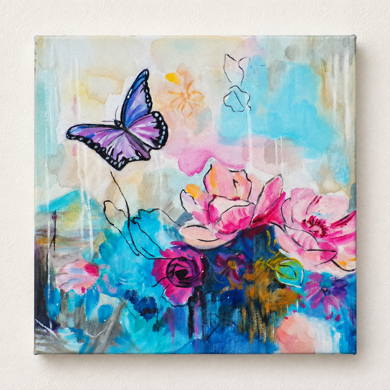 Awakened Wings original mixed media butterfly painting with pink, turquoise and violet flowers in an expressive abstract floral background by Rosemarie Valsoaney.