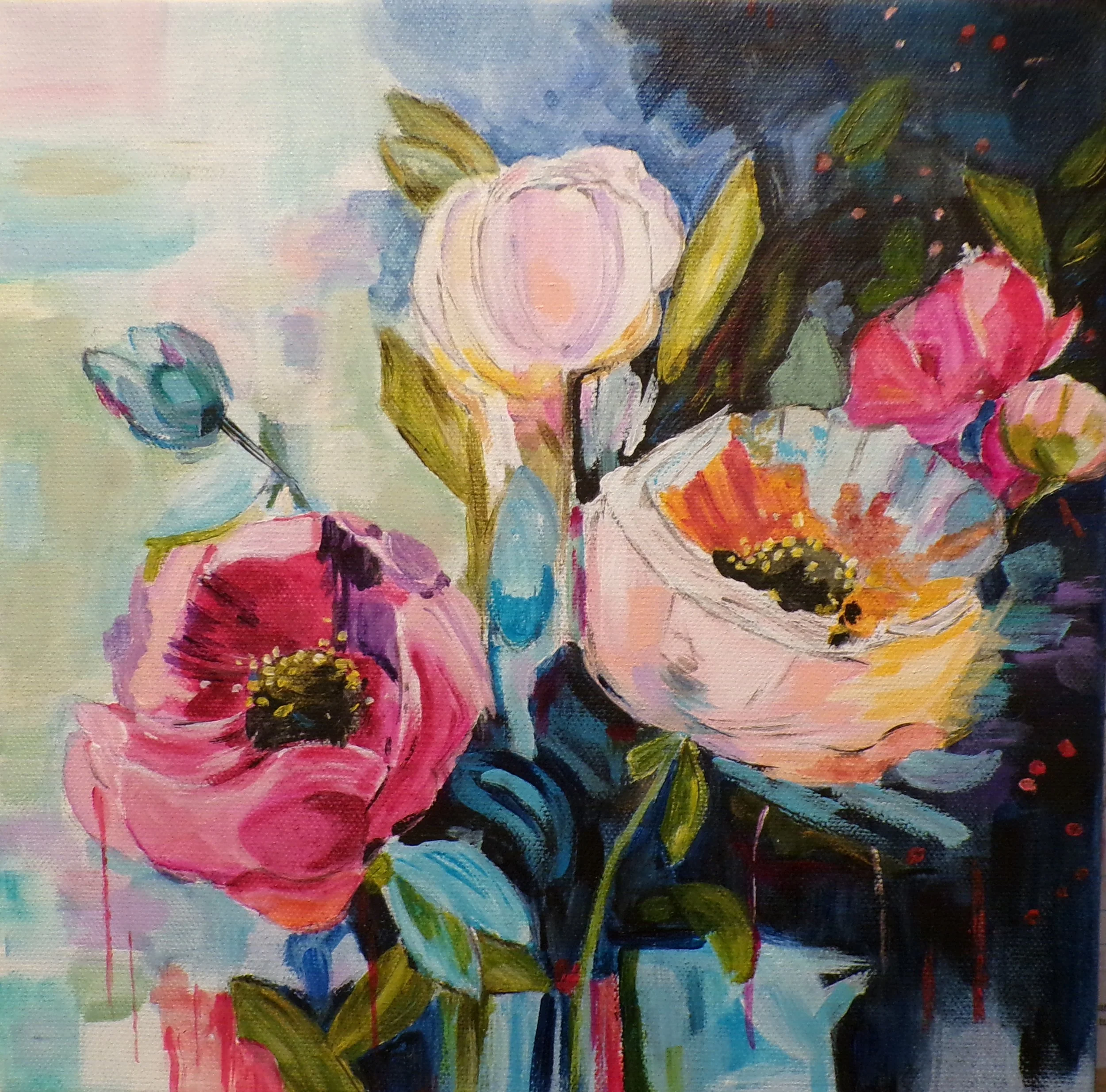 After the Long Rain | Blush Floral Painting | Original Acrylic and Ink Art