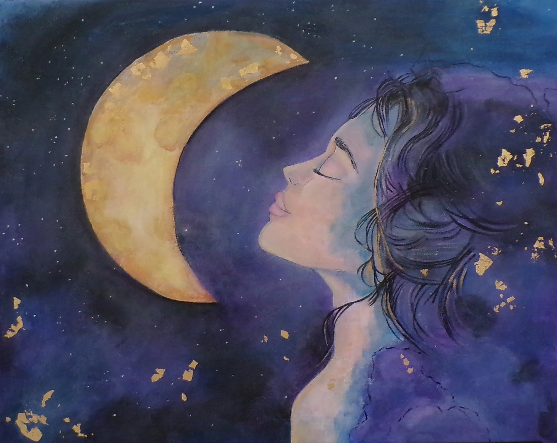 She stands beneath the moon, not asking for permission to shine. Her eyes are closed, yet she radiates quiet courage, a presence that reminds us that even in darkness, she is whole. I painted her thinking of the nights we&rsquo;ve all felt unsure but