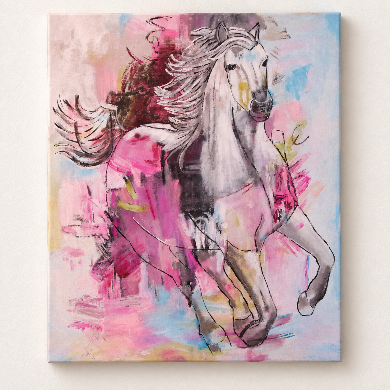 Charging Grace original 16x20 mixed media white horse painting by Rosemarie Valsoaney with expressive pink, blue, cream and charcoal abstract details