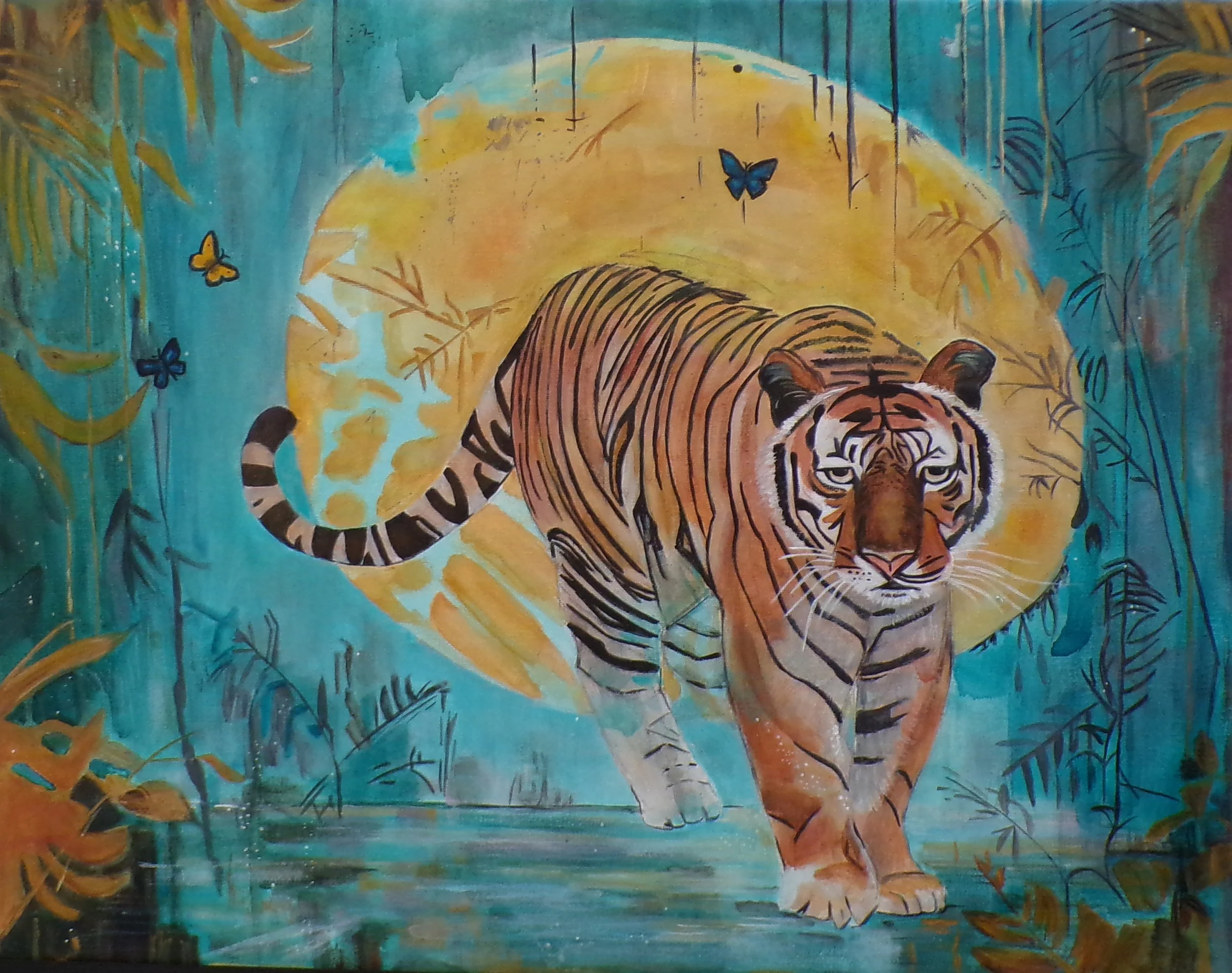 Tiger surrounded by turquoise, coral, and botanical elements, mixed media painting with layered textures and expressive mark-making titled The Quiet Strength We All Carry.