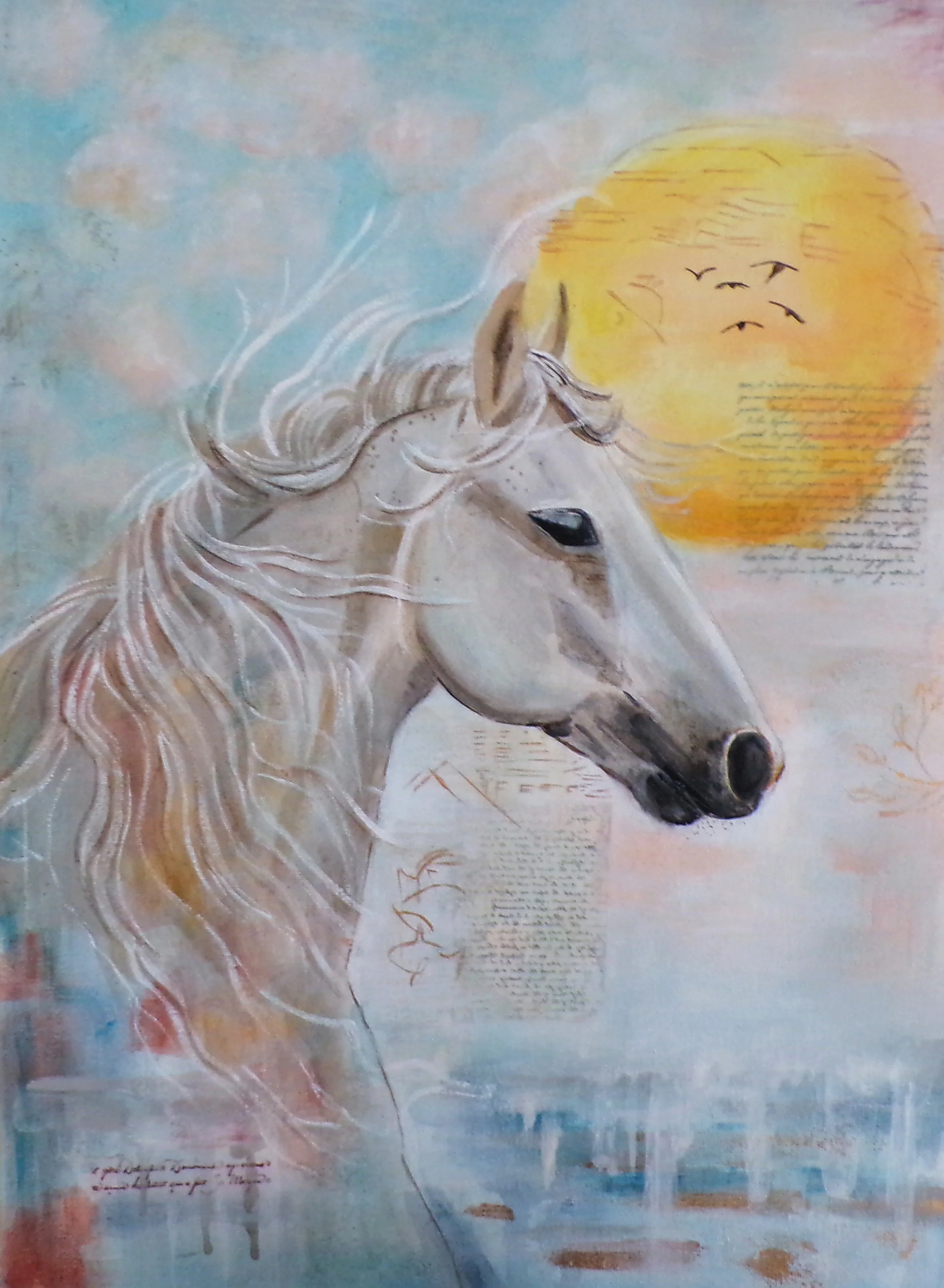 White horse moving forward in soft sky blue and blush pink tones with golden light accents, mixed media painting with layered texture, collage marks, and drifting birds titled Majestic Hope.