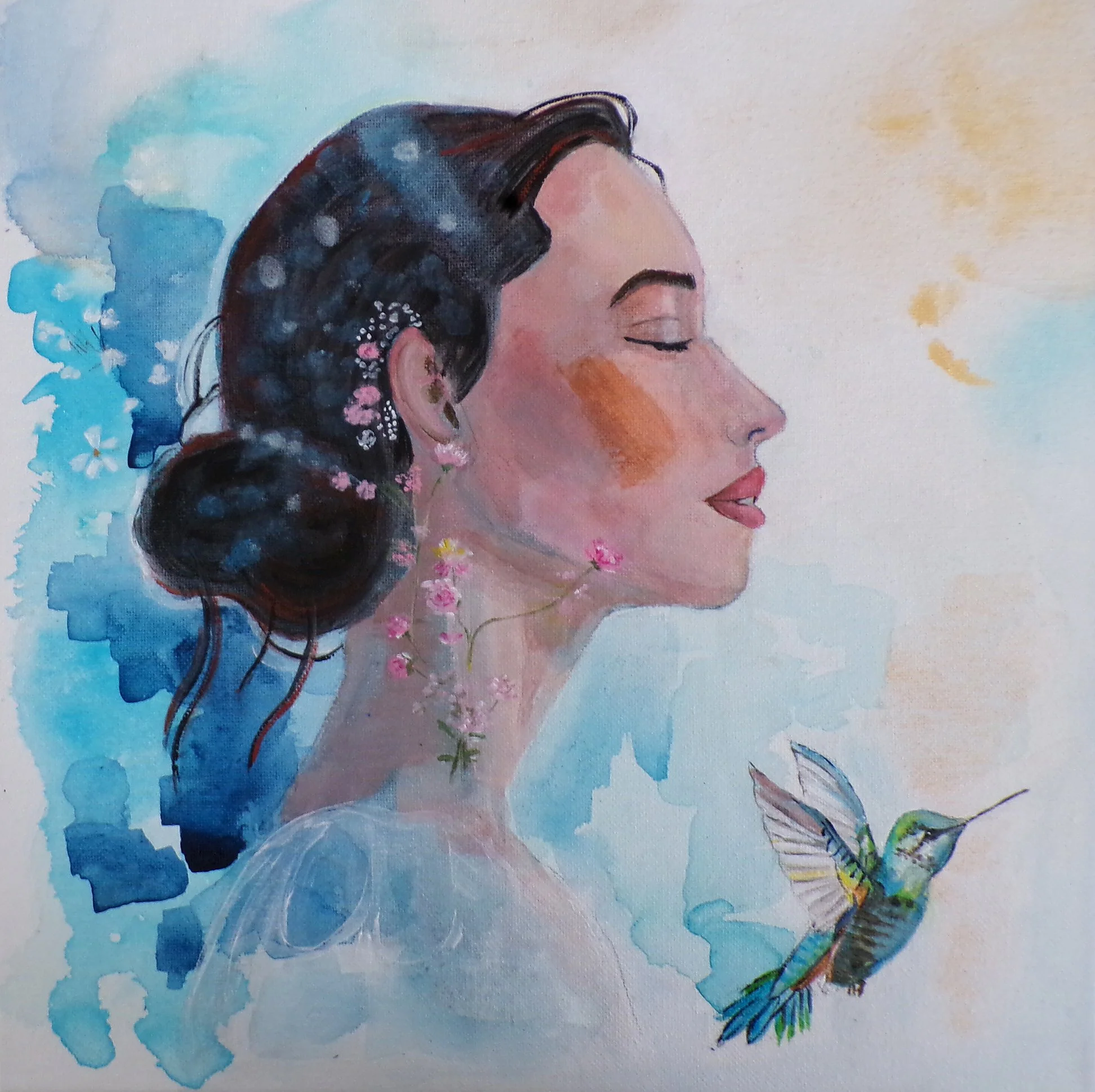In Her Radiance | Woman and Hummingbird Painting