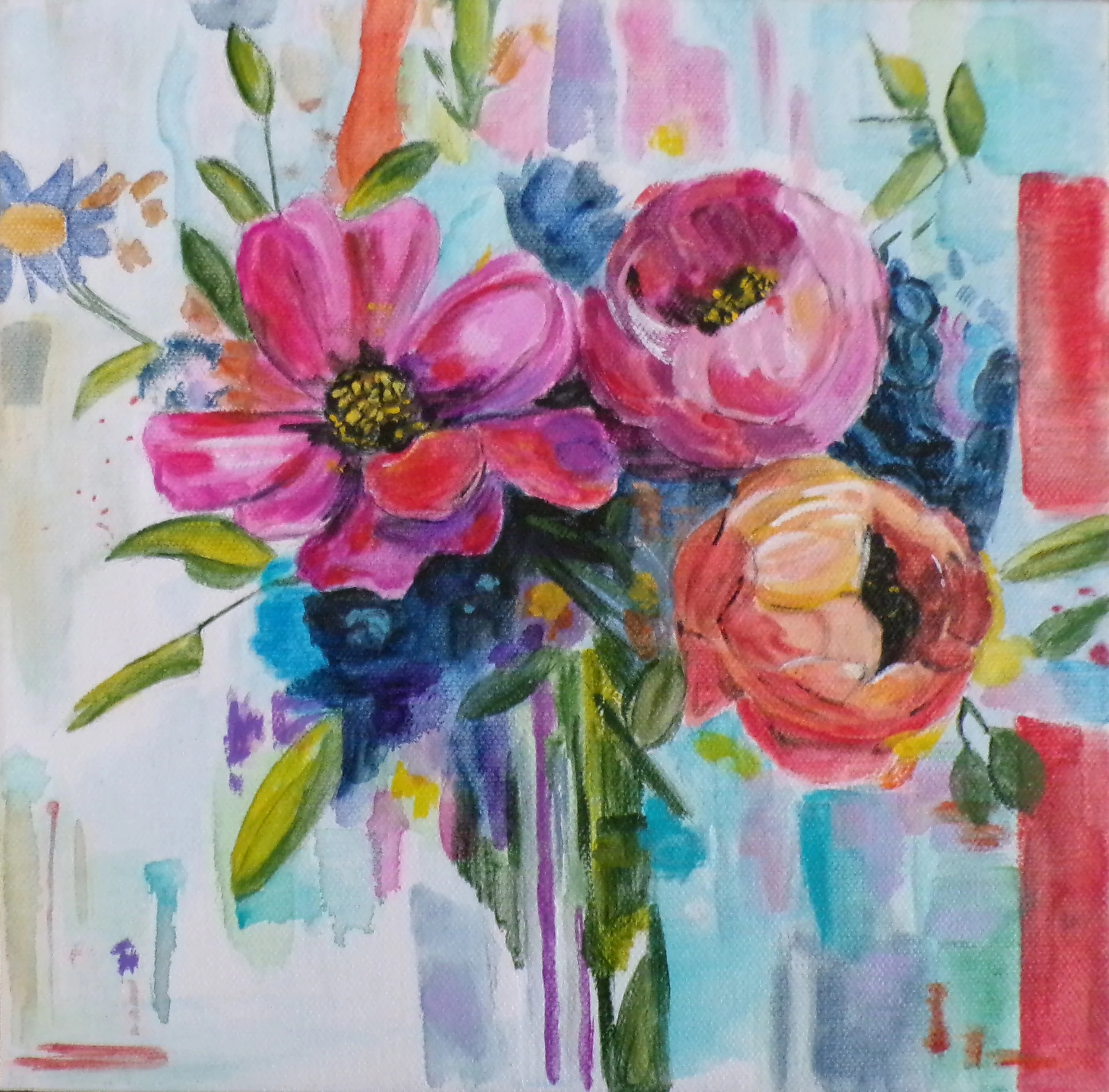 Expressive abstract floral painting with blush coral, violet, turquoise, and magenta tones, layered acrylic and ink textures titled Resilient Joy.