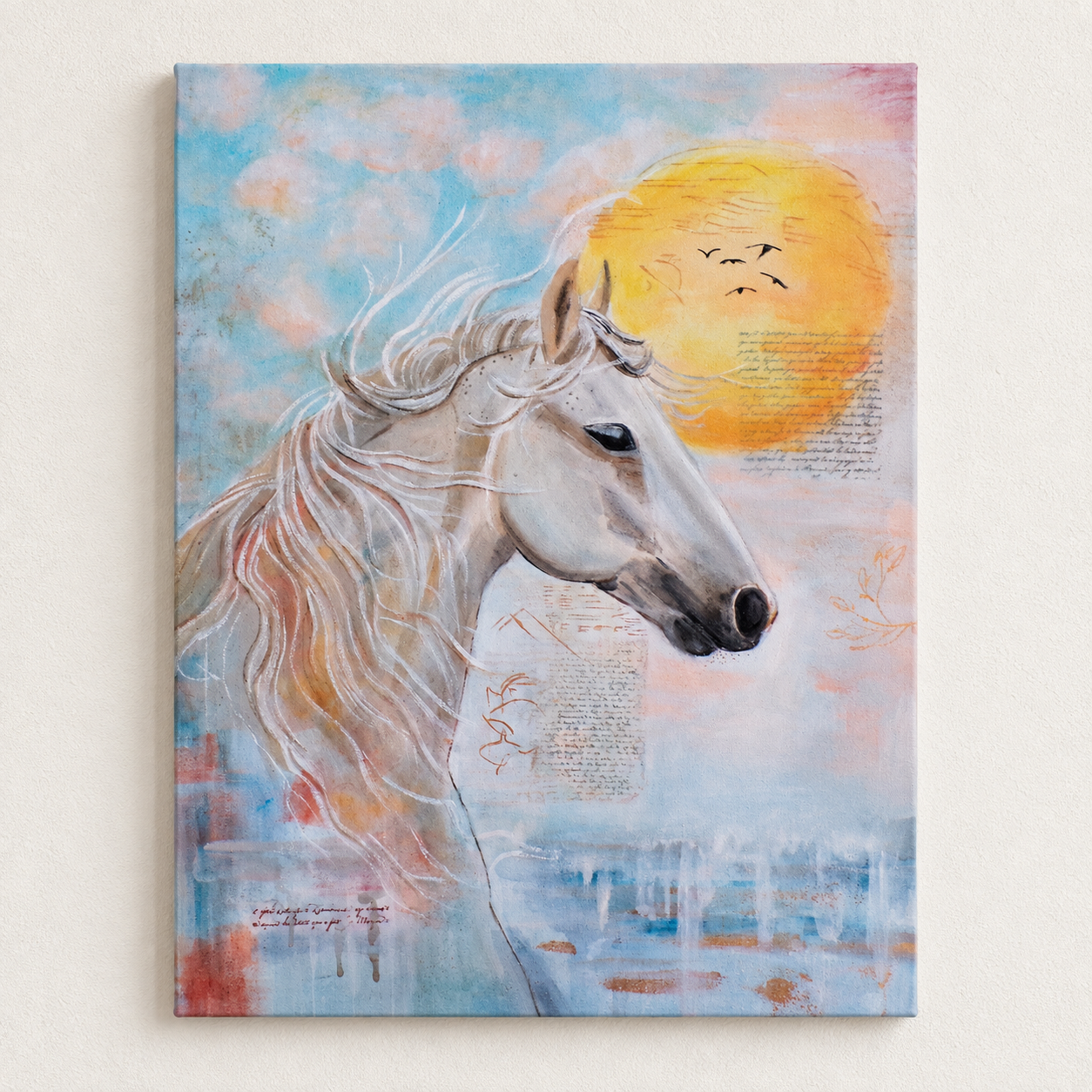 Majestic Hope | White Horse Painting in Blue and Blush Sky | Mixed Media Acrylic Artwork