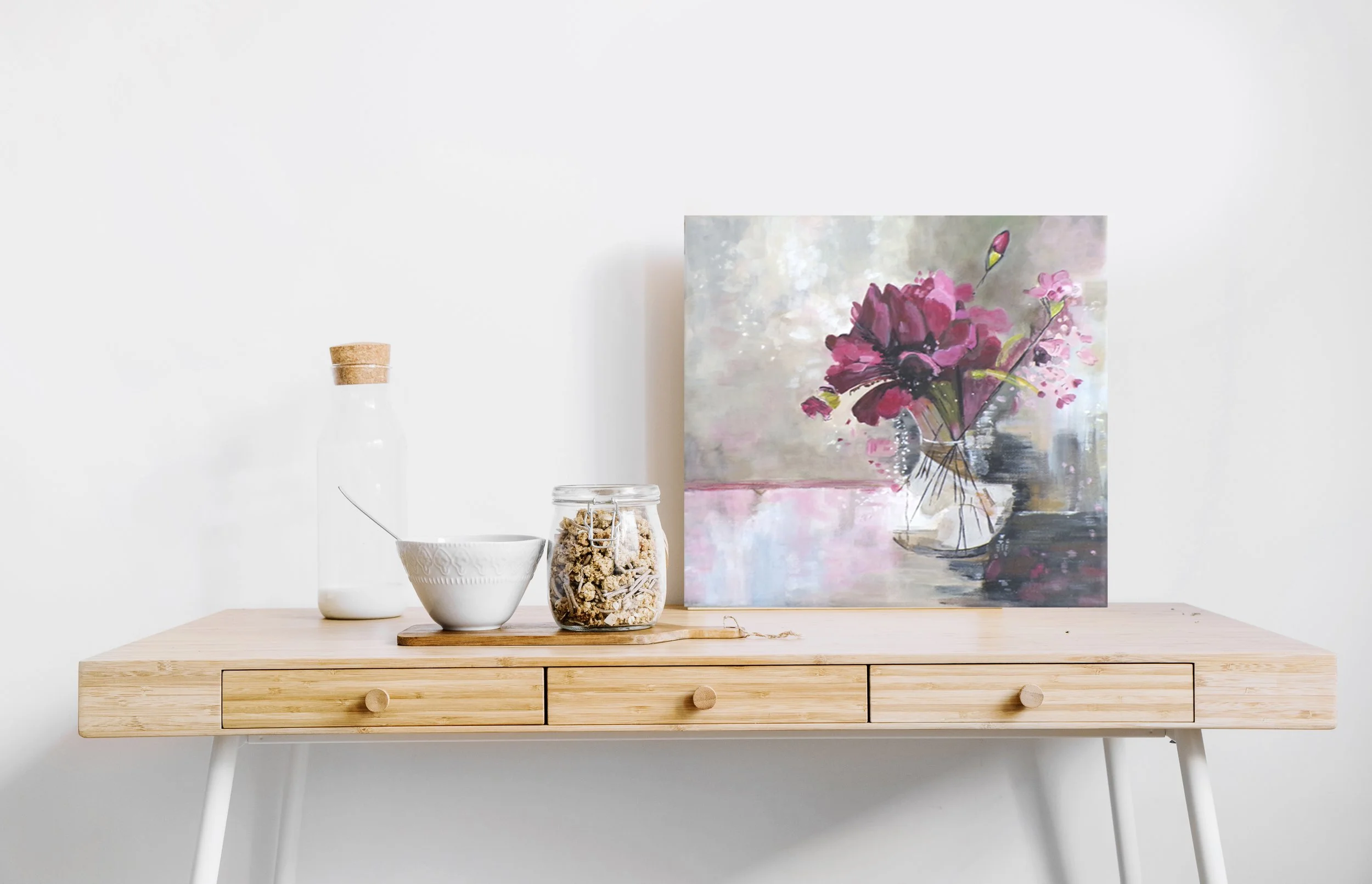 Rosemarie Valsoaney Original acrylic painting flowers in vase A Quiet Bloom_leaning-frame-table.jpg
