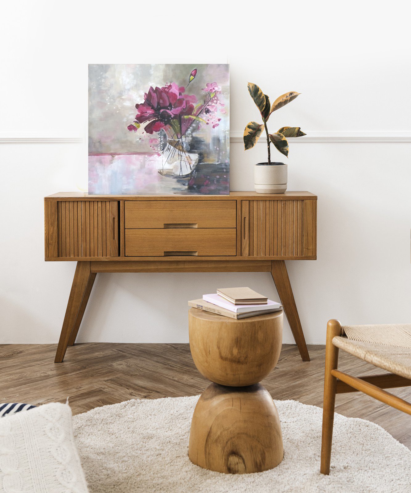 Rosemarie Valsoaney Original acrylic painting flowers in vase A Quiet Bloom _picture-frame-wooden-sideboard-table.jpg