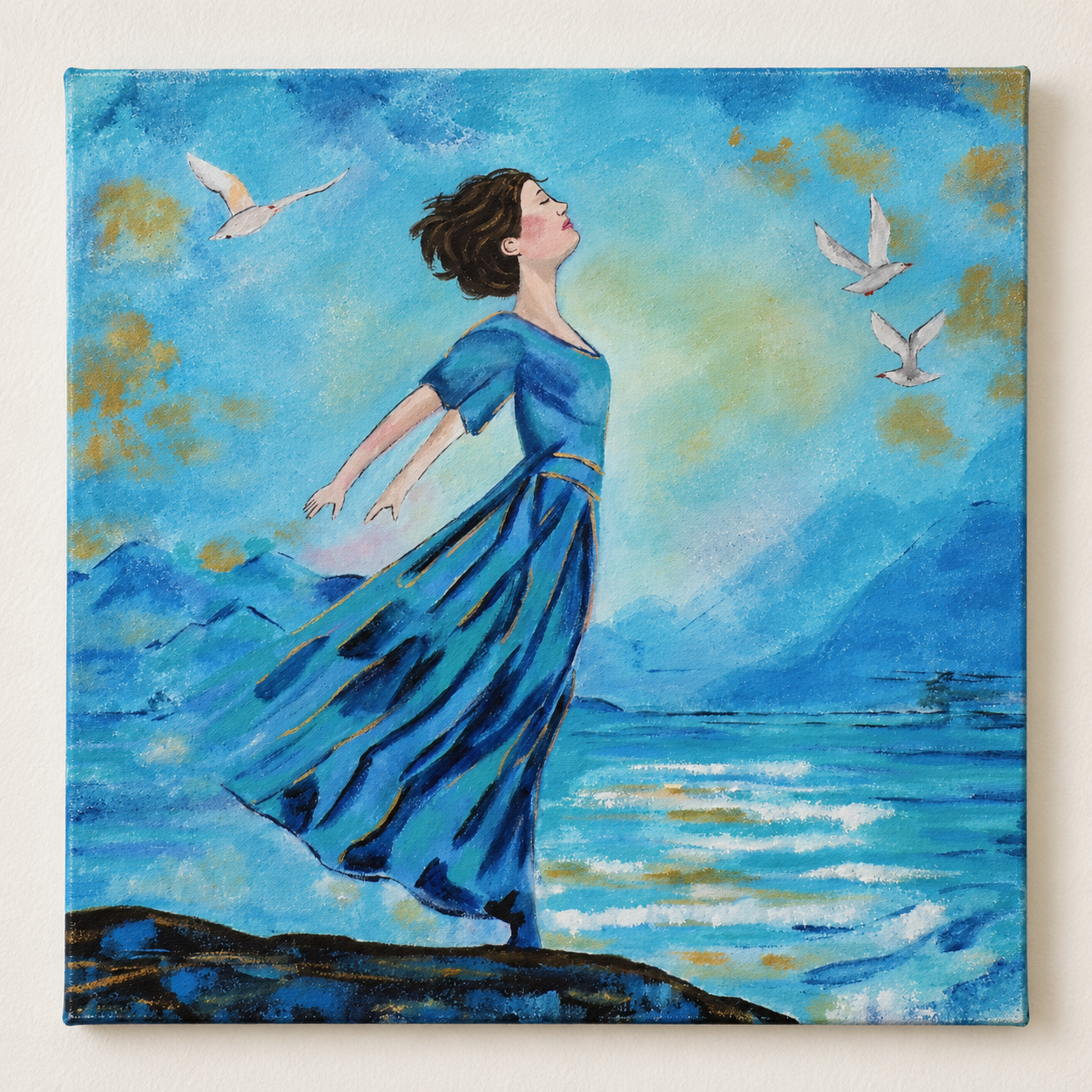 Breath of Freedom | Woman by the Sea Painting | Acrylic Mixed Media