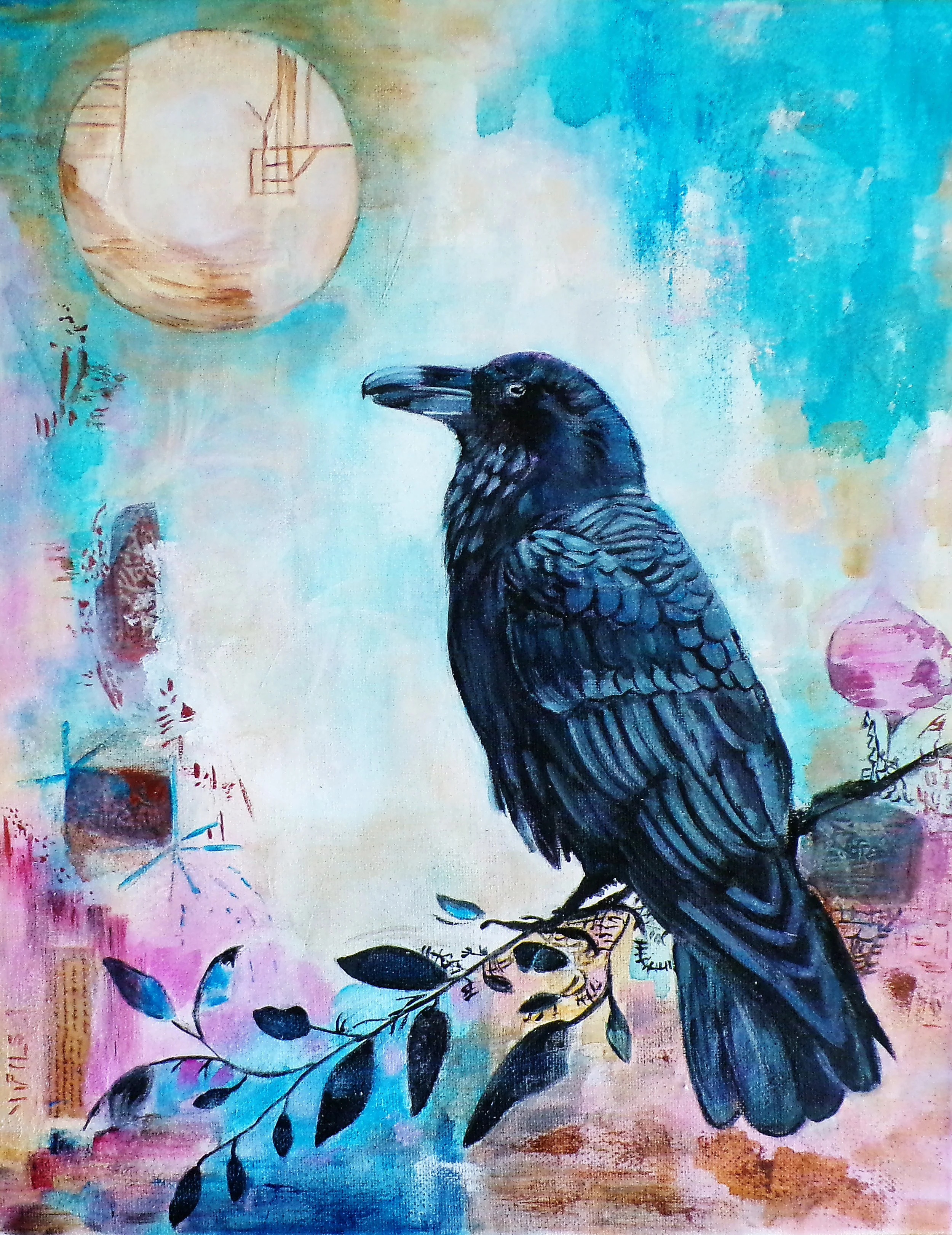 Lone raven beneath a glowing full moon in layered turquoise, parchment, rose, and charcoal tones, mixed media painting with collage textures and expressive marks titled Watchers of the Quiet Skies.