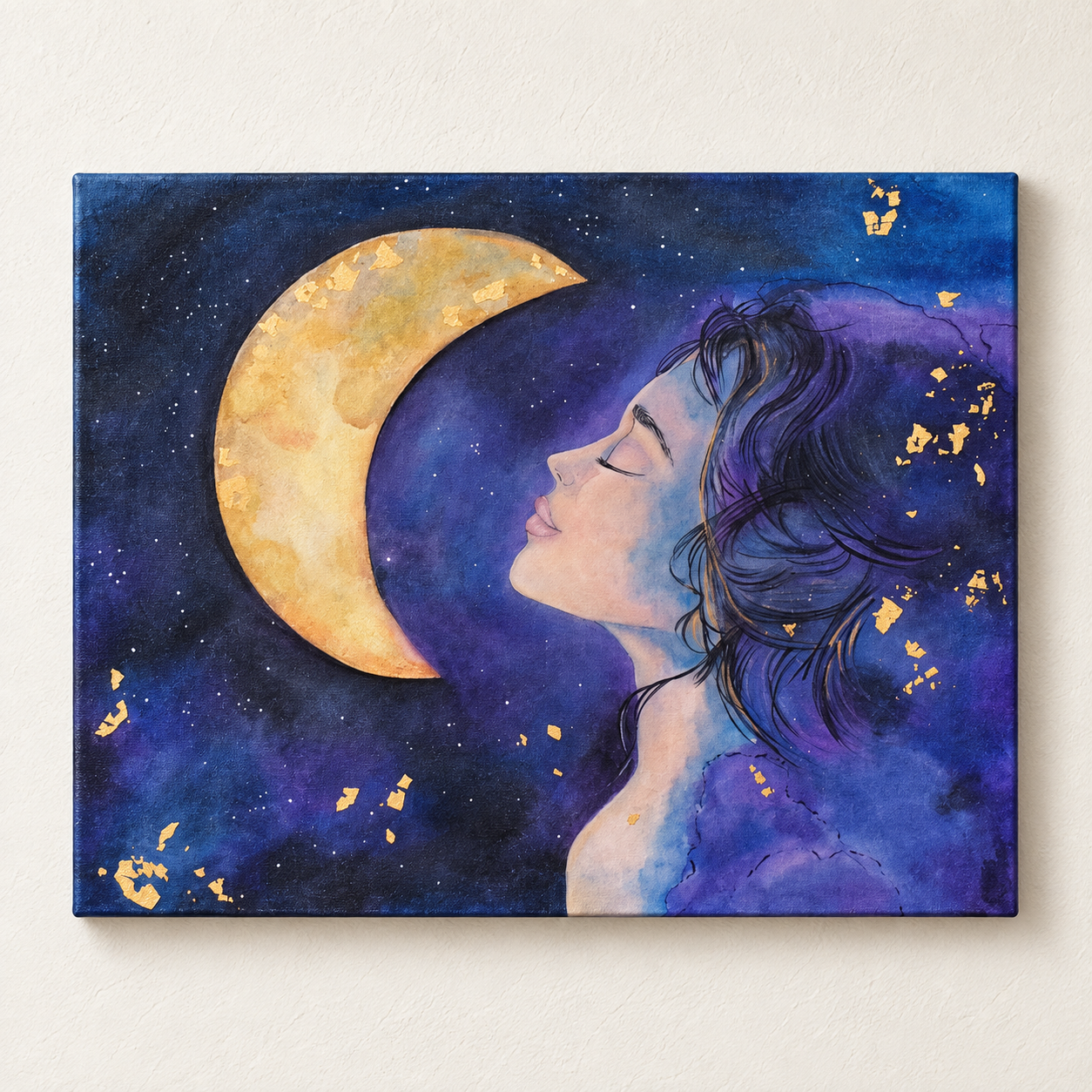 Moonlit | Woman Under Moon Painting | Gold Leaf Mixed Media Art