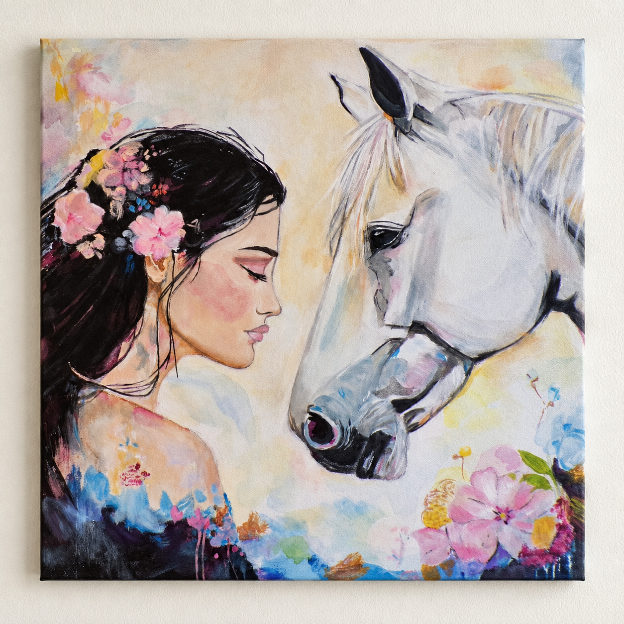 Silent Connection | Woman and White Horse Painting