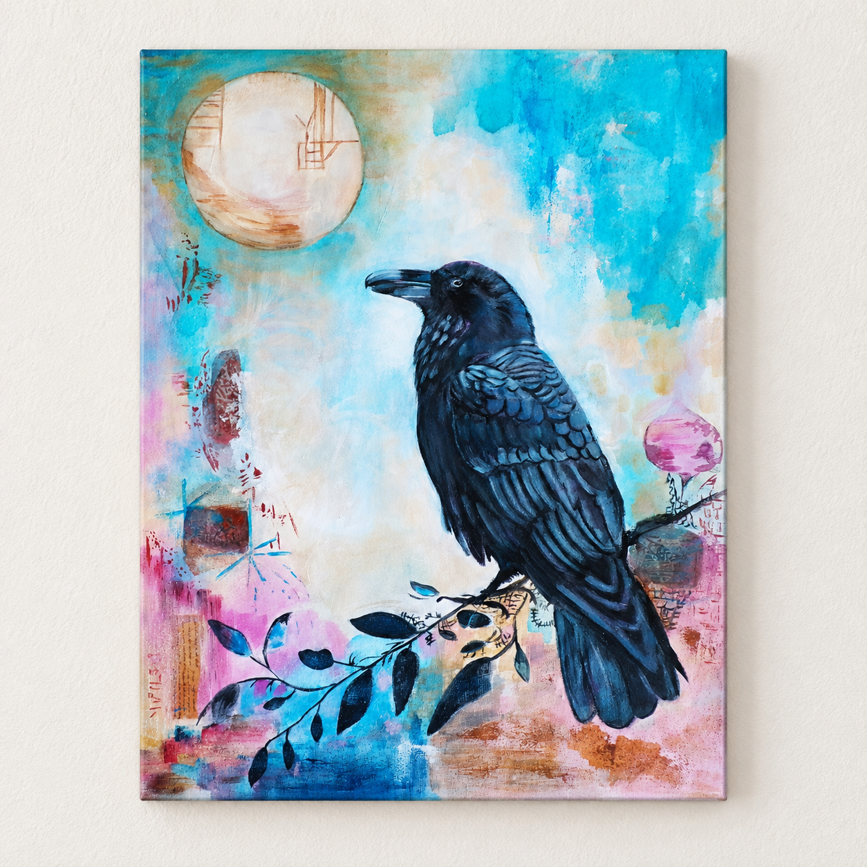 Watcher of the Quiet Skies | Raven and Moon Painting | Mixed Media Abstract Landscape Art
