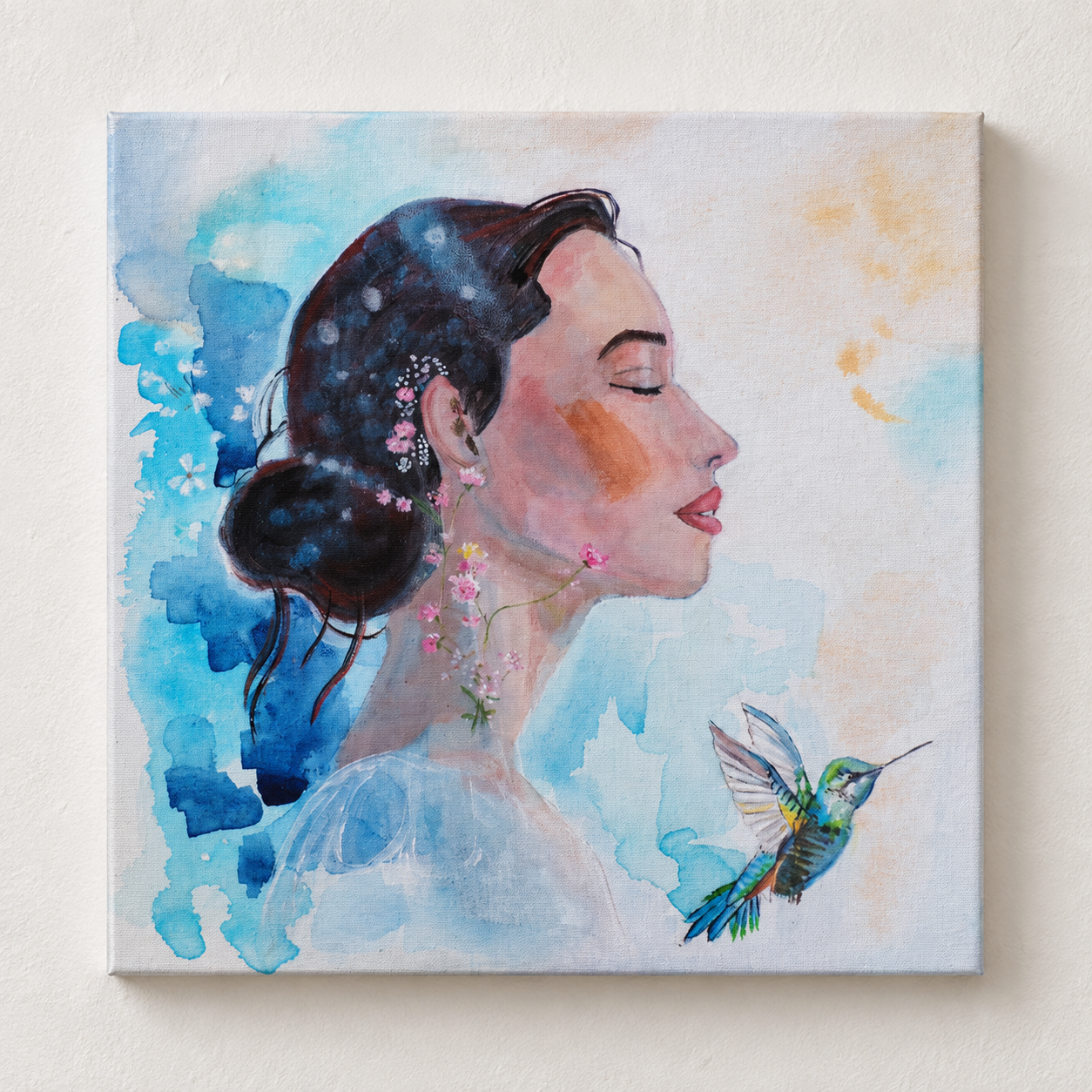 In Her Radiance | Woman and Hummingbird Painting