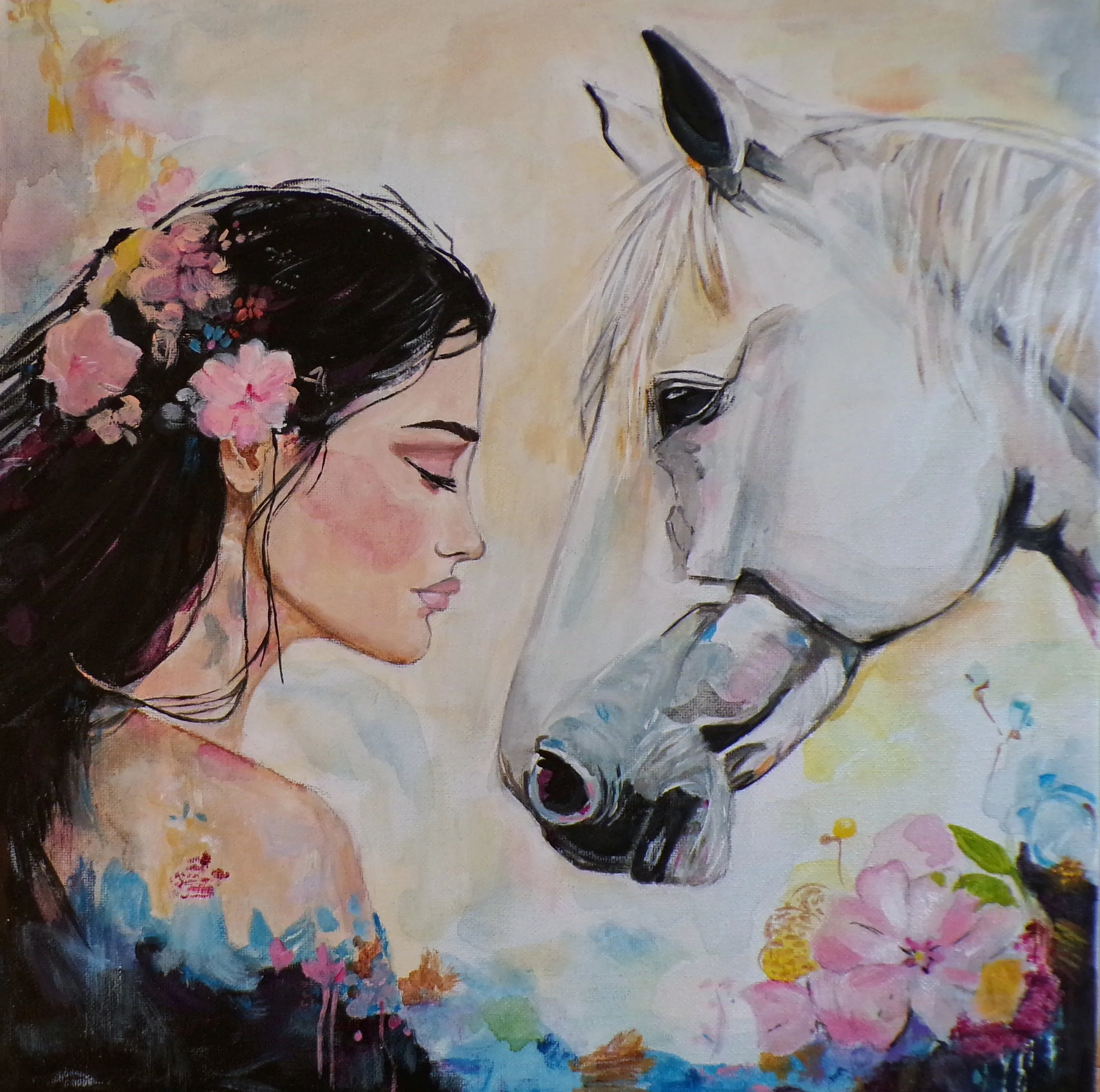 Silent Connection | Woman and White Horse Painting