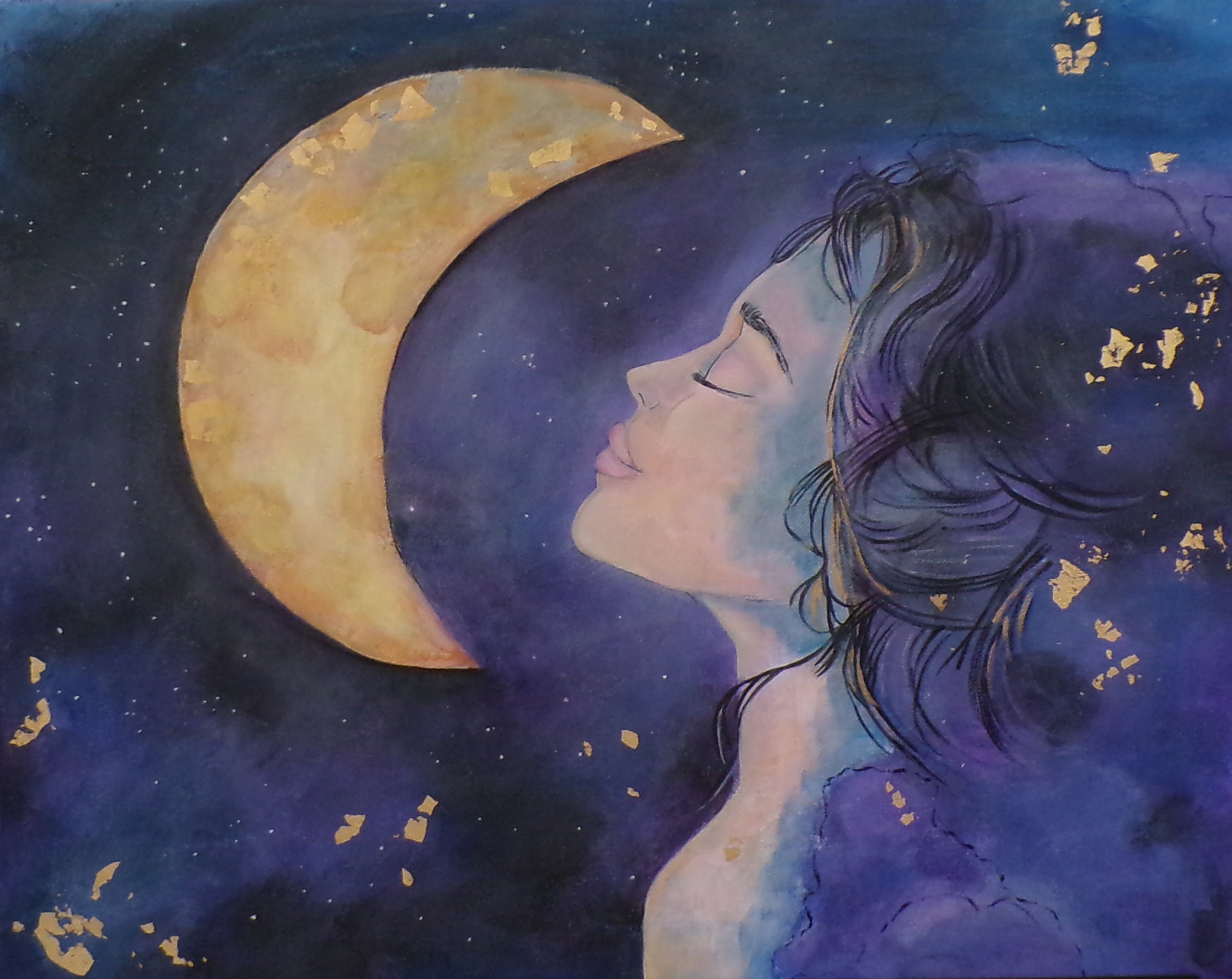 Moonlit | Woman Under Moon Painting | Gold Leaf Mixed Media Art