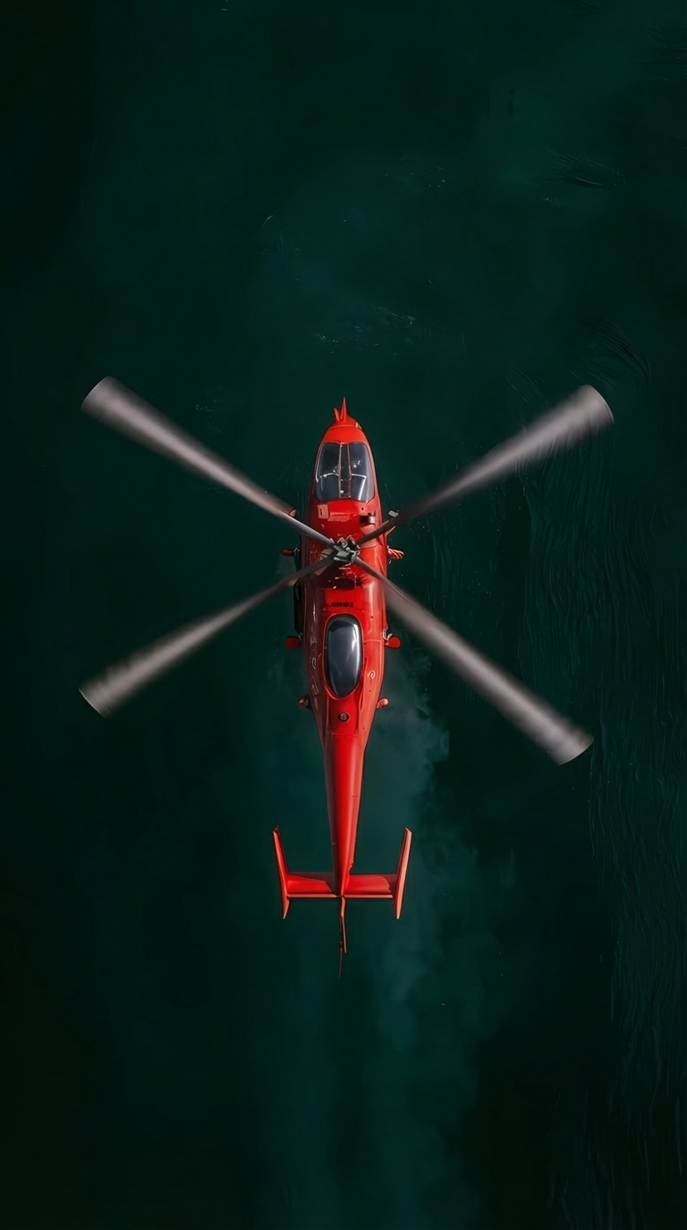 A red helicopter flying over dark green water, captured from an aerial view.
