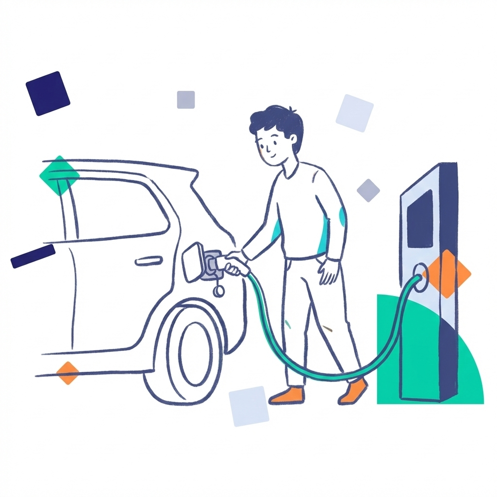 A person charging an electric car at a charging station with a cord connected to the vehicle.