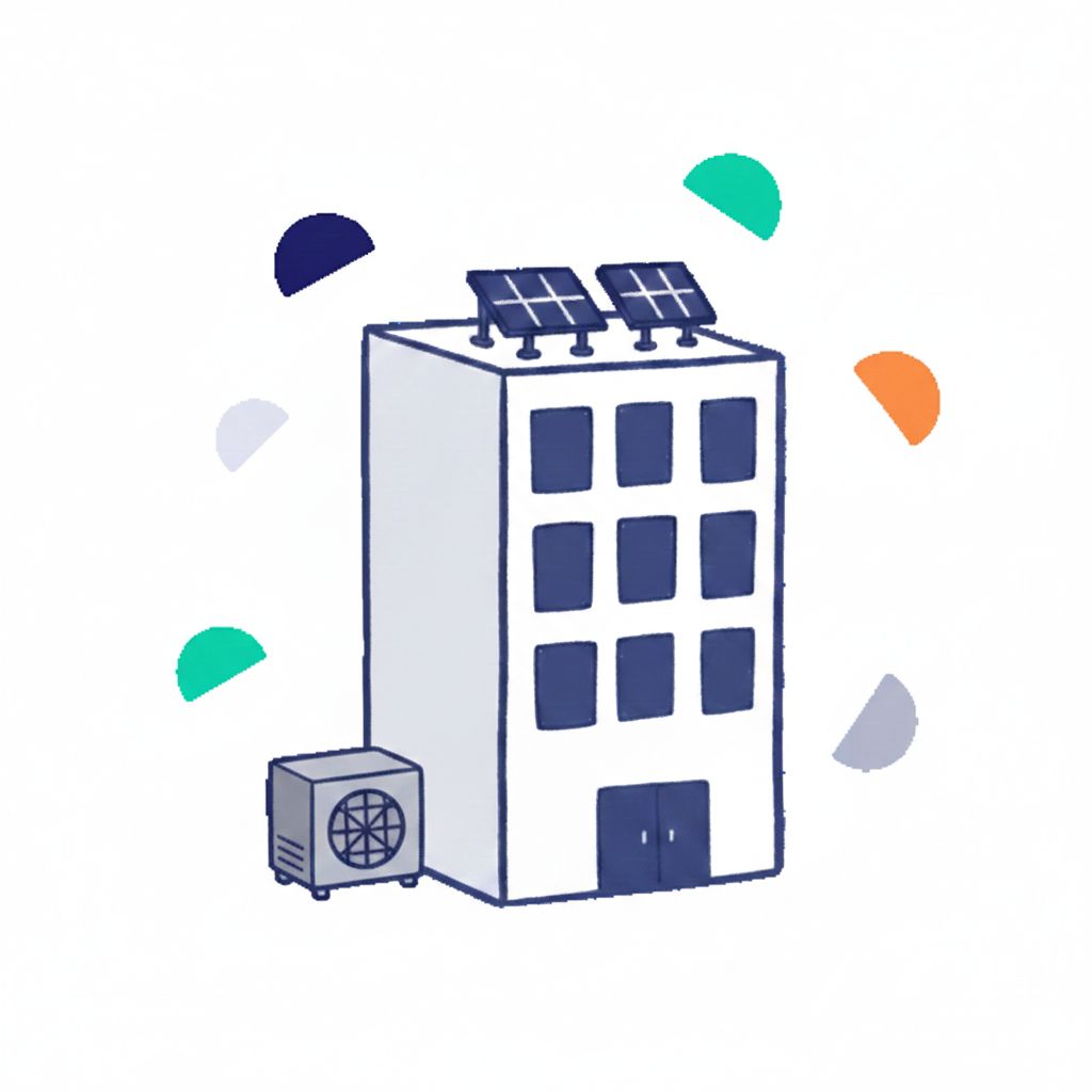 Illustration of a building with solar panels on the roof and an air conditioning unit outside.