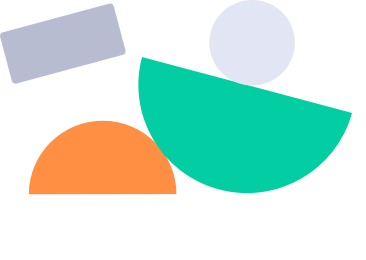 Colorful abstract shapes including a gray rectangle, a blue circle, an orange semi-circle, and a teal semi-circle on a black background.