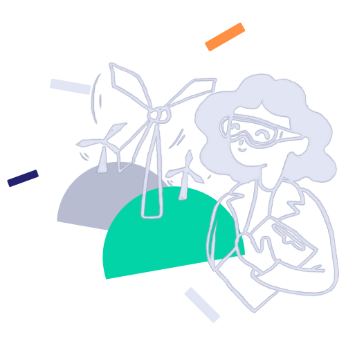 SDR UK branded image of a person with curly hair and glasses standing next to wind turbines on a small hill, with colorful geometric shapes floating around.