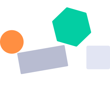 Colorful geometric shapes including an orange circle, a teal hexagon, a light blue square, and a gray rectangle.