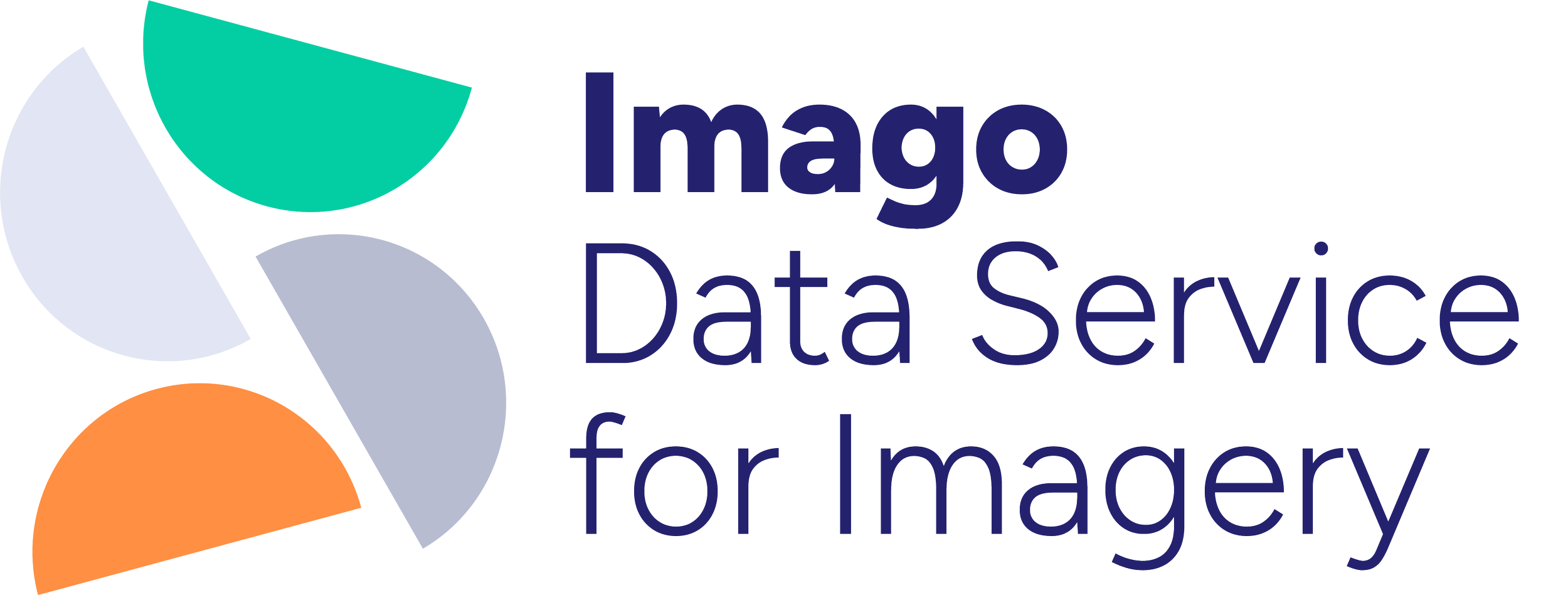 Logo with semi-circular shapes in teal, gray, and orange, and the text 'Imago Data Service for Imagery' in purple and blue.