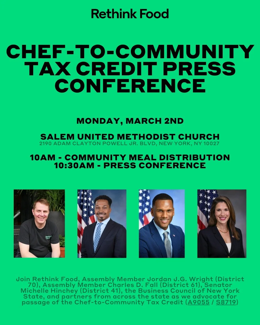 Reminder: join Rethink Food this coming Monday, March 2nd as we advocate for the Chef-to-Community Tax Credit at Salem United Methodist Church! We&rsquo;re kicking things off with a Community Meal Distribution at 10:00 AM, followed by our Press Confe