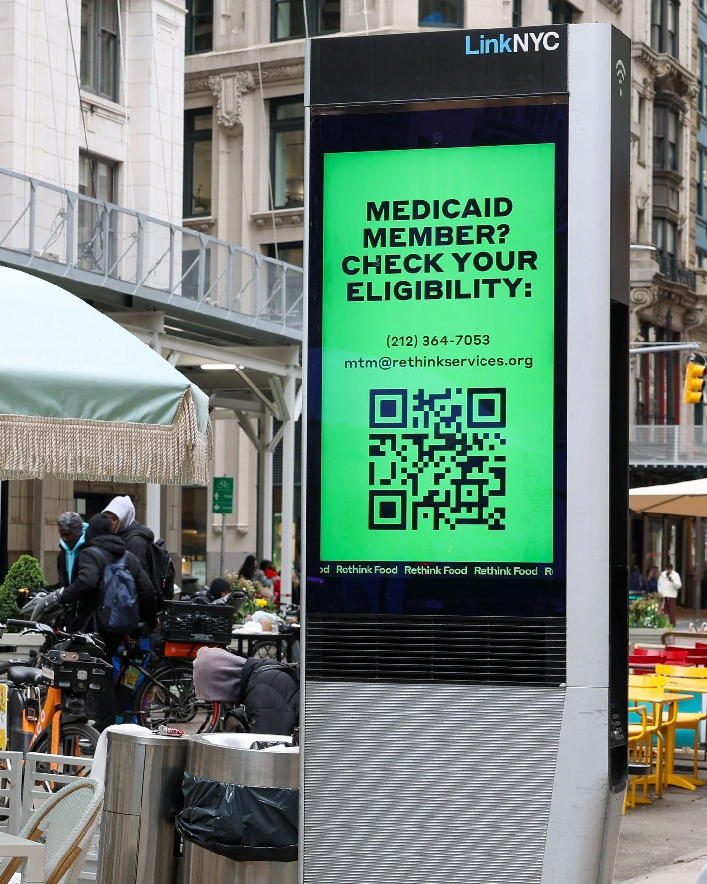 Rethink Food offers free, home-delivered prepared meals and grocery boxes to eligible Medicaid members, crafted by dietitians and chefs to support your medical and nutritional needs.

Keep an eye out for our information on LinkNYC kiosks across the 5