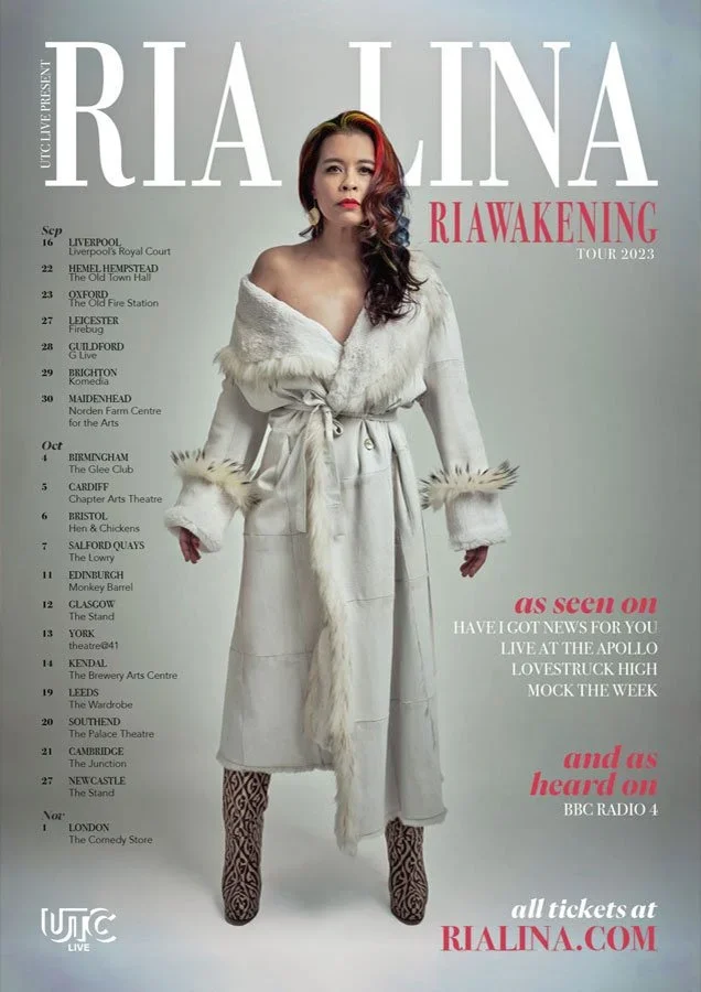 A promotional poster of singer Ria Lina for her RiaWAKING Tour 2023, featuring her in a white fur coat, patterned tights, and red lipstick, with tour dates and locations listed on the side.