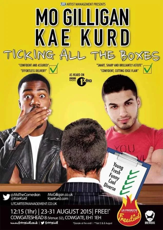 A promotional poster for a comedy event featuring Mo Gilligan and Kae Kurd titled 'Ticking All the Boxes.' The poster shows images of Mo Gilligan and Kae Kurd facing a man with his back turned, holding a clipboard. The background is bright yellow wit