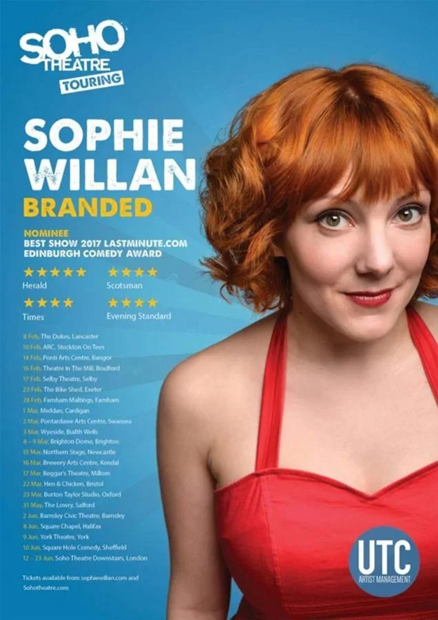 Promotional poster for Sophie Willan's Branded comedy tour, featuring a portrait of Sophie Willan with short red hair, wearing a red top, against a blue background with tour dates and locations listed.