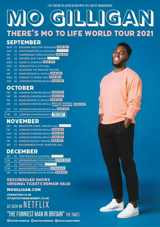 Tour poster featuring Mo Gilligan with his tour dates in September, October, November, and December, all marked sold out or with date updates, against a blue background with Mo Gilligan smiling, wearing a peach sweatshirt and black pants.