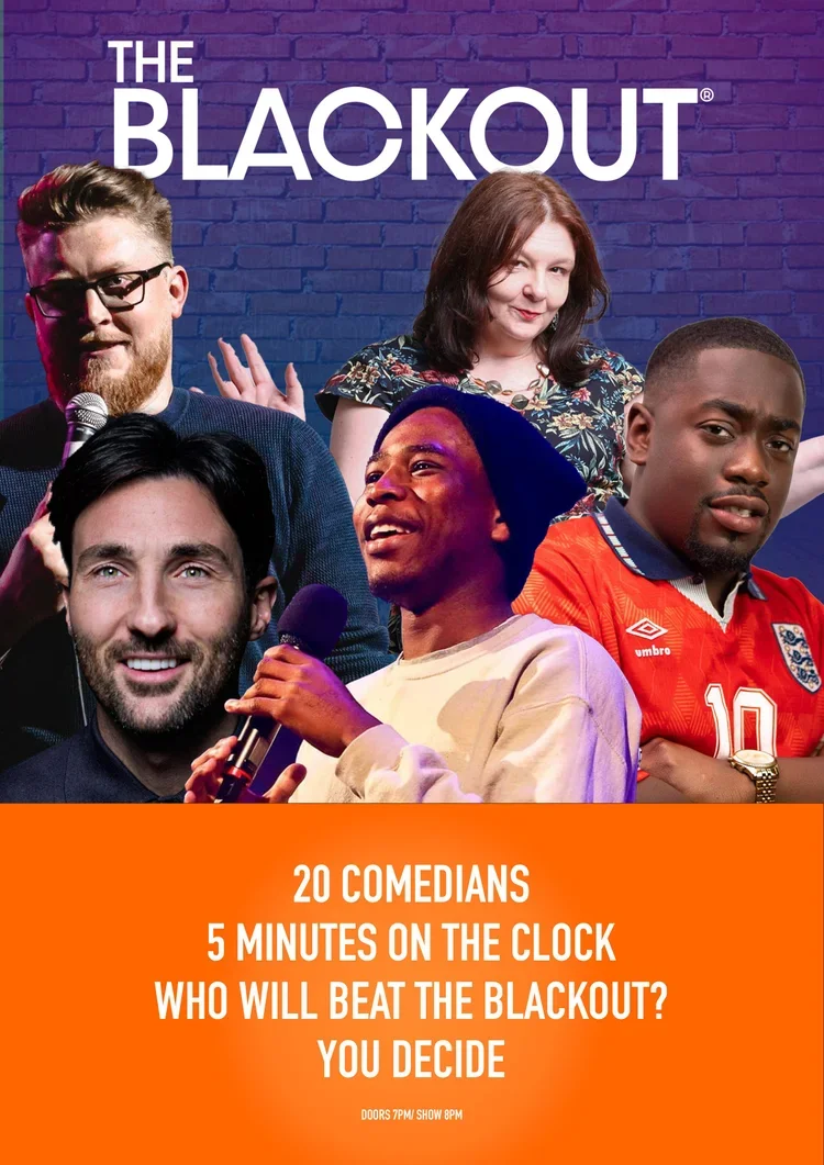 Poster for a comedy show titled 'The Blackout' featuring five diverse comedians with a brick wall background and event details in orange text.